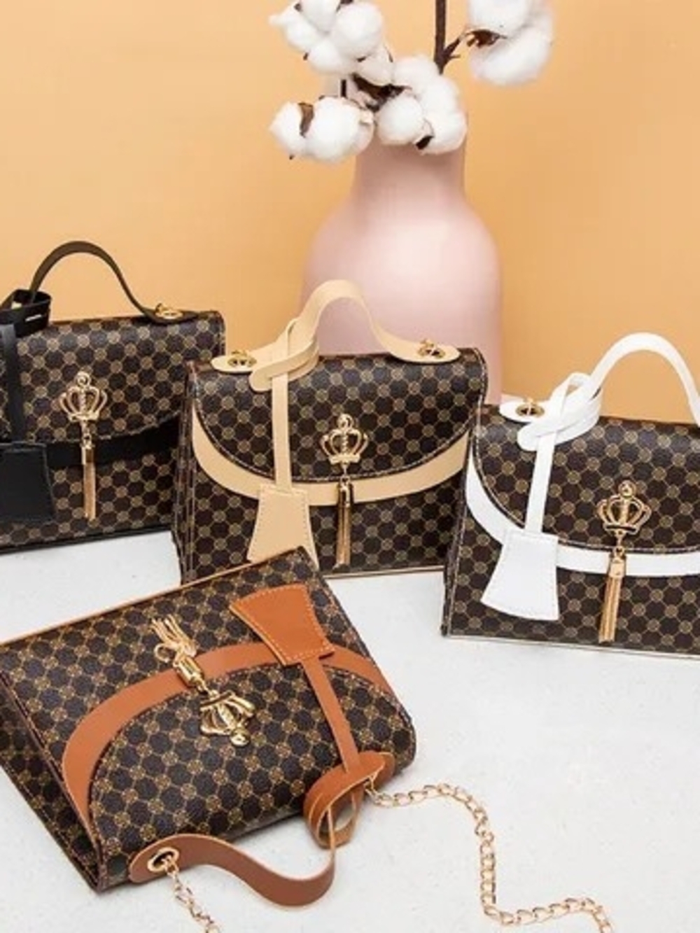 Patterned Crossbody Bag with Crown Charm - Brown with Tan Trim